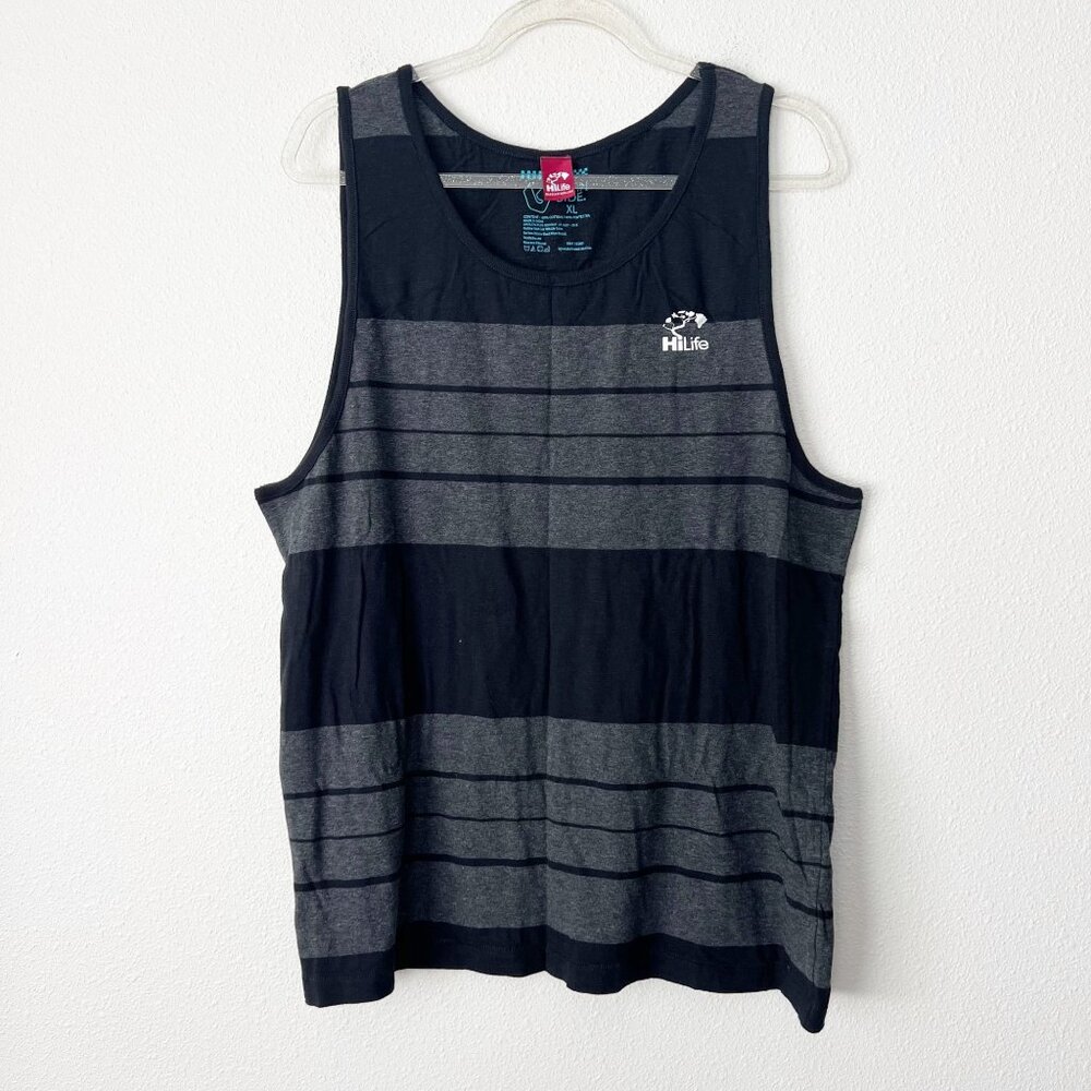 HiLife Hawaii Mens XL Black Gray Striped Tank Sleeveless Tank Casual Beachy